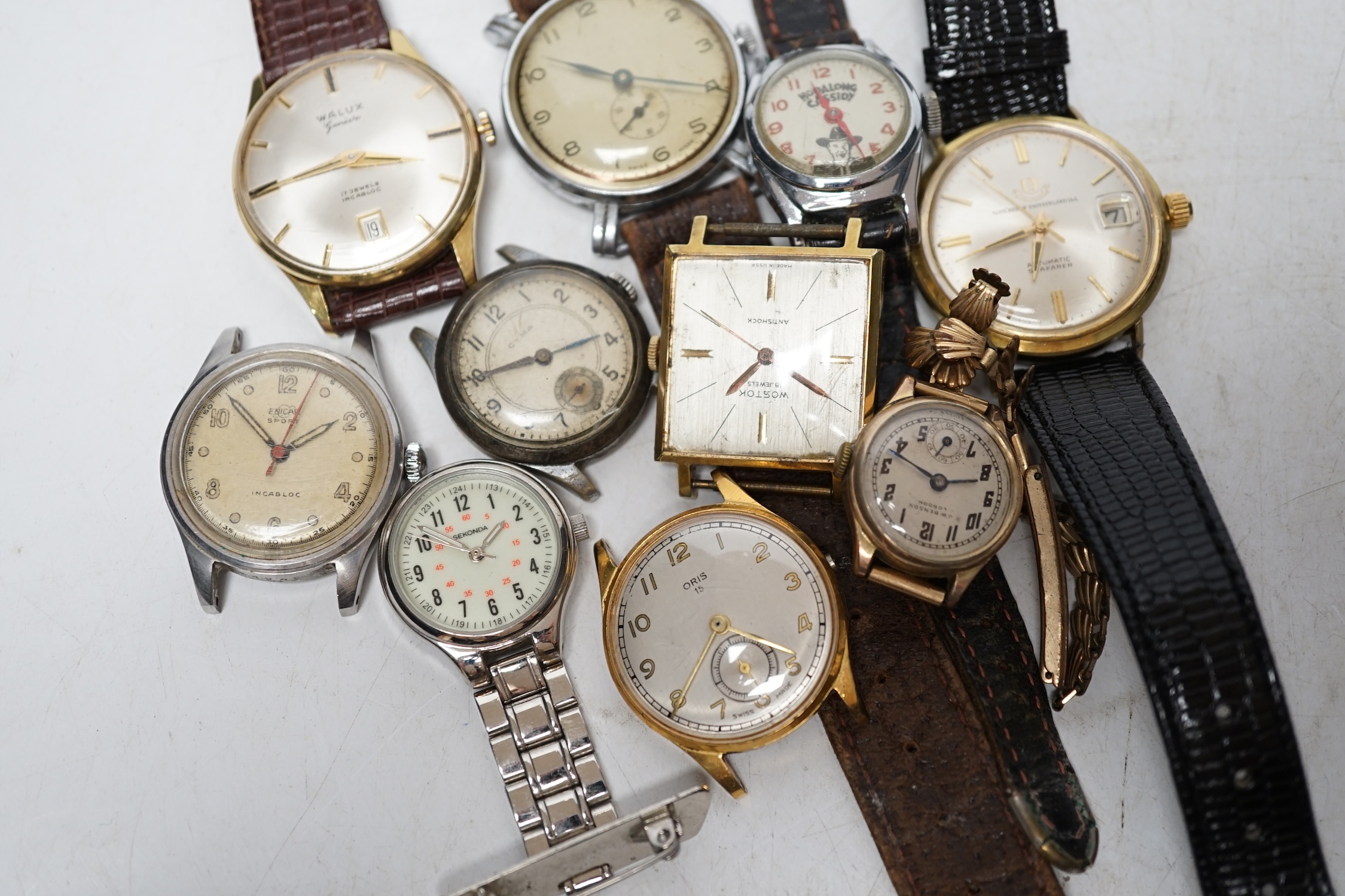 A collection of assorted wrist watches, including Accurist, Cyma & Roamer. Condition - poor to fair